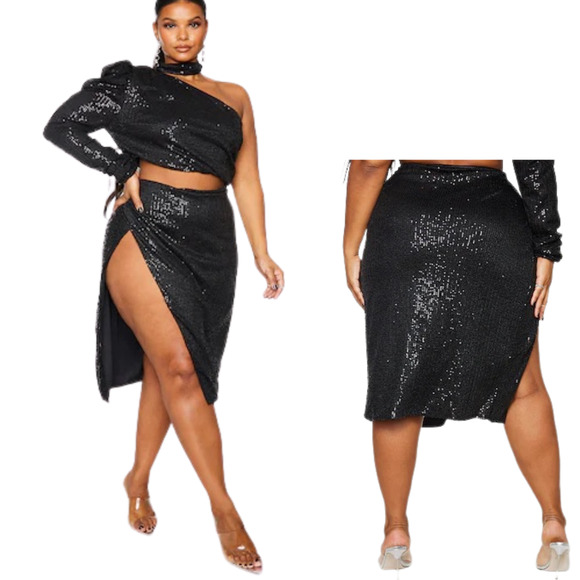 PrettyLittleThing Dresses & Skirts - PrettyLittleThing Plus Black Sequin Ruched Side Split Midi Skirt Black Size 24